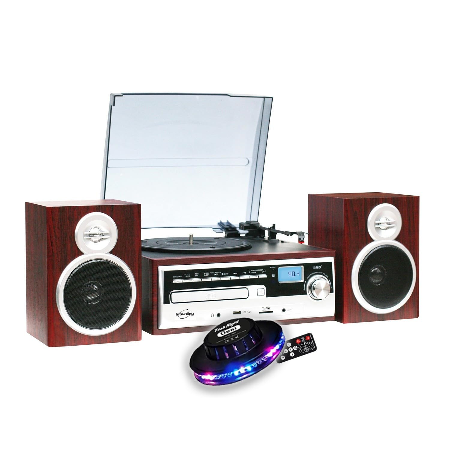 gef-roy Chaîne HiFi Inovalley CH14E Tourne Disque Vinyle 80W, CD, Bluetooth, FM et USB, télécommande, Jeu de lumière OVNI LED