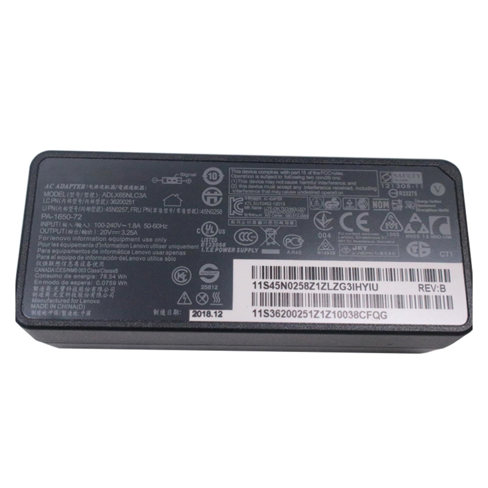 Cargador De Ordenador Portátil, Compatible con Lenovo, Adaptador De CA 20V 3.25A 65W, Cargador De Vuelta ADLX65NLC3A PA-1650-71 Yoga 500-14IHW 500-14ISK-15ACL(EU Plug)