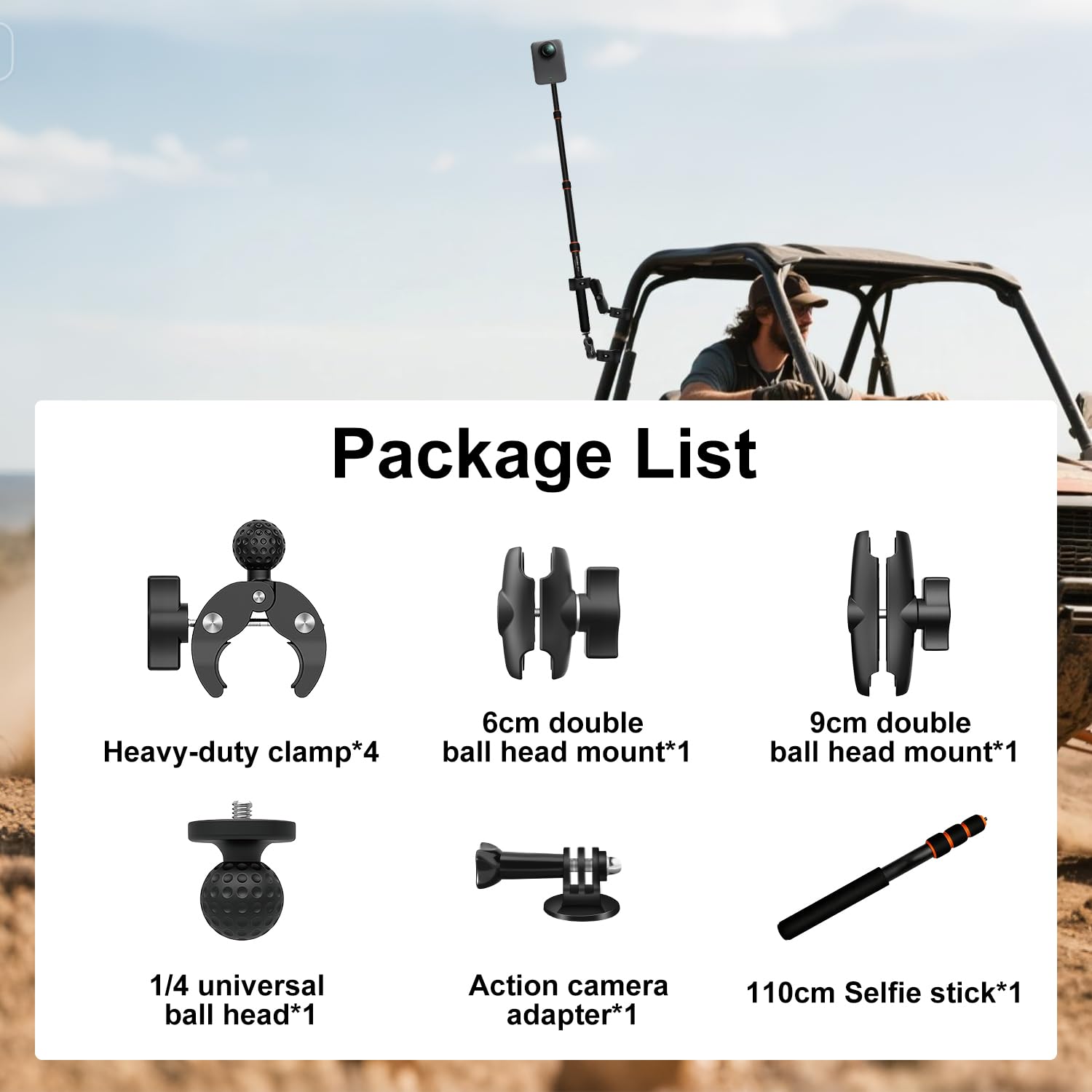 Motorrad-Kamera Halterung Set mit 43" Unsichtbarem Selfie Stick kompatibel mit Insta360 X5-X, Robuste Lenker Klemme kompatibel für GoPro 13-3, Osmo 360 Nano, Fahrrad ATV UTV Fahrten (Orange-Rot)