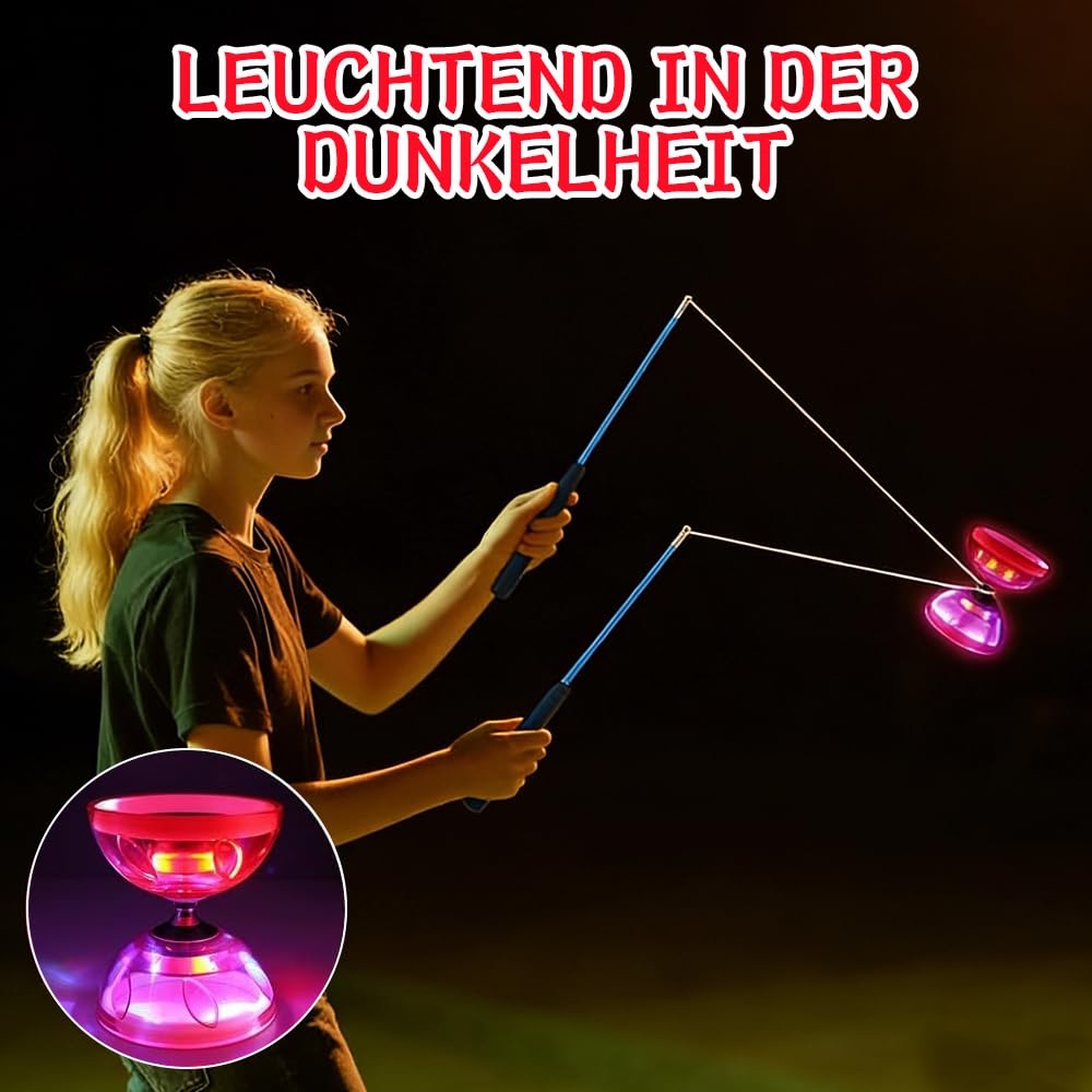 SKIKHN Diábolo LED con rodamiento de bolas, 3 rodamientos con palos y cuerda, juego de malabares para principiantes, con 2 pares de palos de mano + 4 cuerdas de repuesto, para interiores y exteriores — view 5