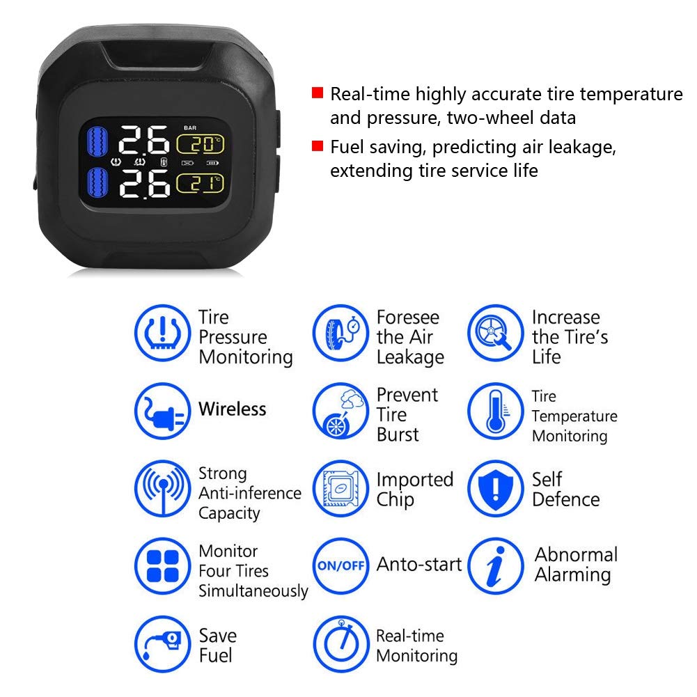 de monitorización de presión de neumáticos TPMS inalámbrico, de monitorización de presión de neumáticos con sensor TPMS inalámbrico de motocicleta con 2 sensores externos