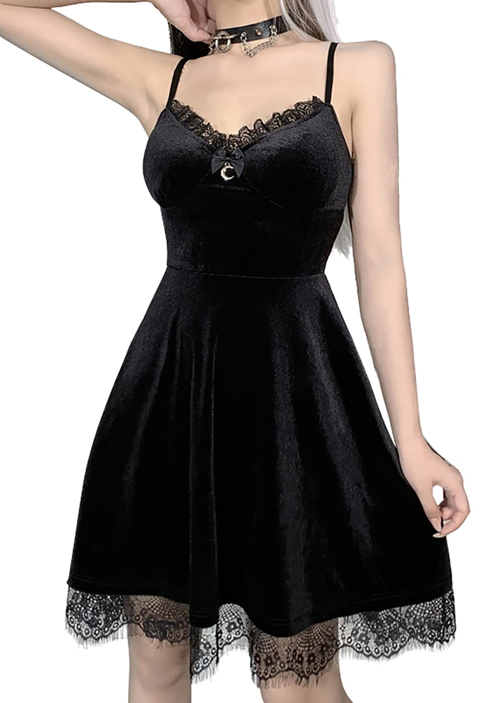 XKBHYDWomens Gothic Velvet Dress Punk Grunge Midi Dresses Emo Sleeveless Camisole Dress Lolita Fairy Halter Dress