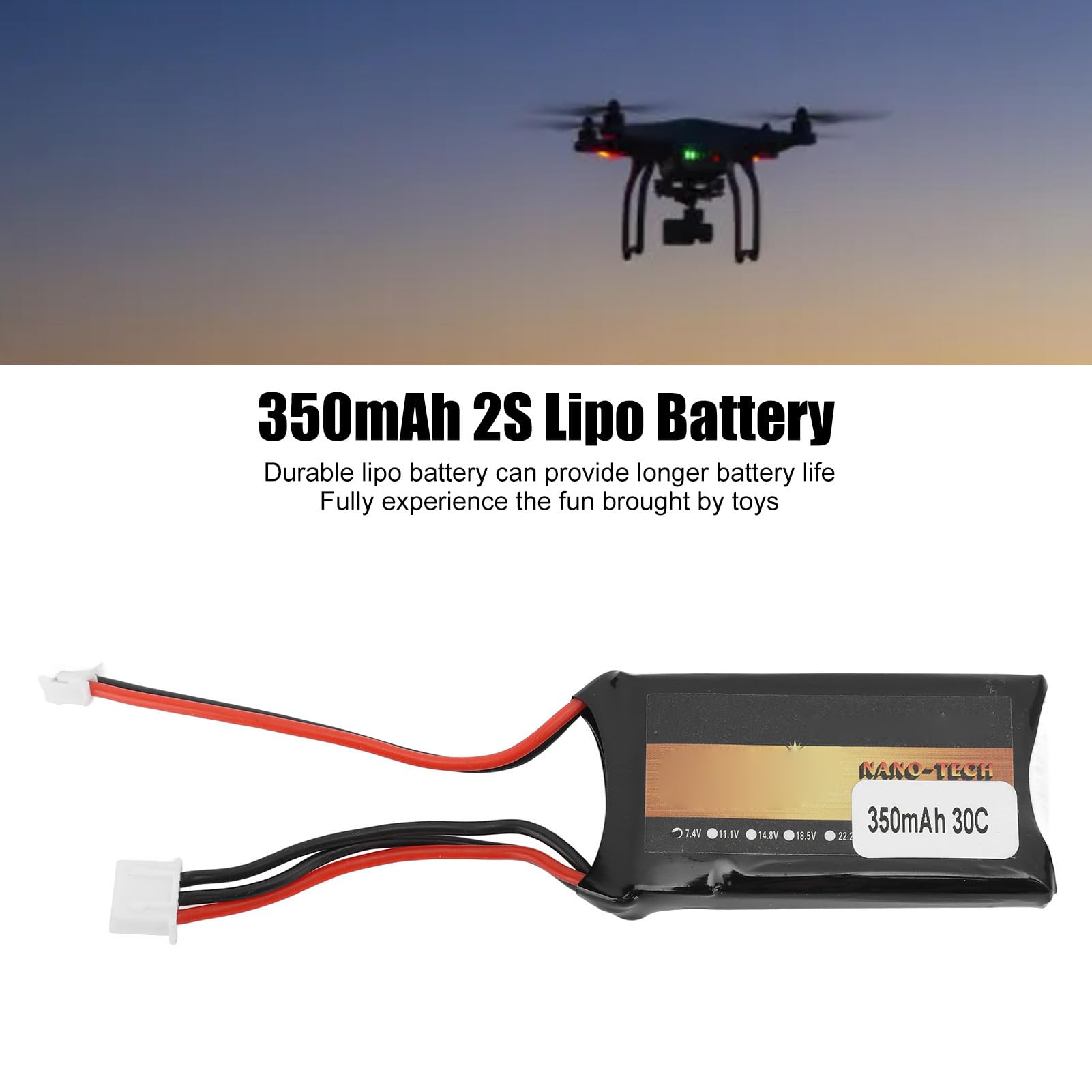Bateria LiPo 7,4 V, Bateria LiPo 350 MAh 2S 30C z wtyczką PH2.0 Kompatybilna z większością Samochodów RC w Skali 1/10, 1/16, 1/18, 1/24 i Zdalnie Sterowanym Dronem