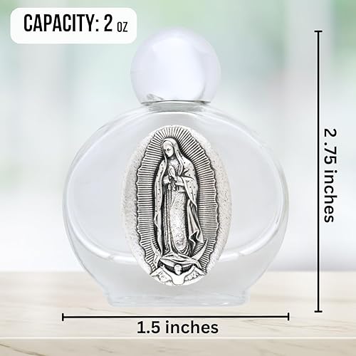Miniatura 5 de Paquete de 2 botellas de agua Santa María de Guadalupe para viajes católicos (2 onzas), fabricada en Italia, vidrio, metal oxidado plateado