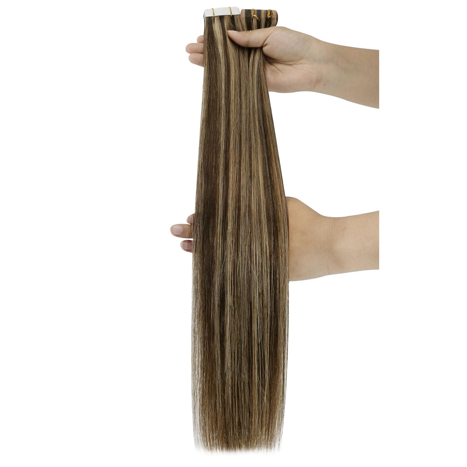Ugeat Przedłużki do włosów z prawdziwych włosów, karmelowy blond, 35 cm, brązowe, blond, niewidoczne taśmy, przedłużenie włosów dla kobiet, 20 sztuk, 40 g, P4/27