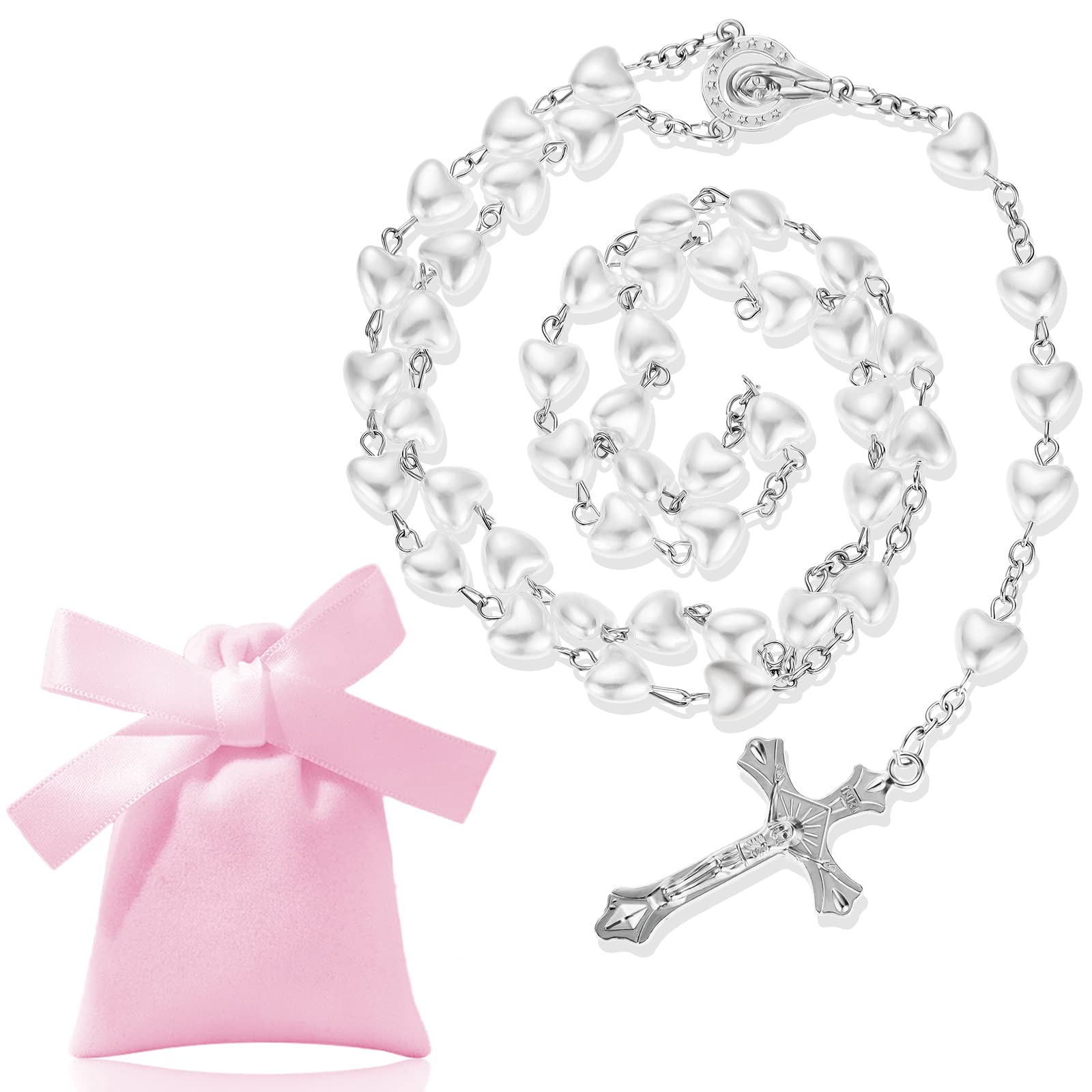OtuuzCollar Católico de Cuentas de Rosario de Vidrio de Metal Plateado Collar Largo Religioso de Oración Sagrada con Colgante de Crucifijo Medalla Cruz y Bolsa de Cordón de Terciopelo