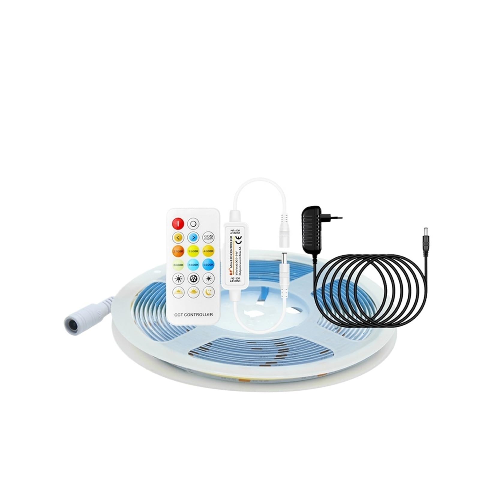 Tira LED COB CCT regulable de 24V 576LEDs/m Control Bluetooth RA90 2700K-6000K Kit de potencia completa(17key RF Remote EU,8m)