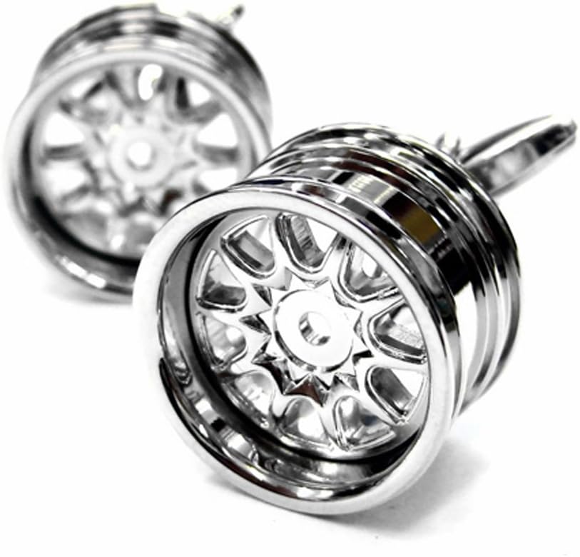 Silver Tone Big Round Race Car Rims Cufflinks I2211