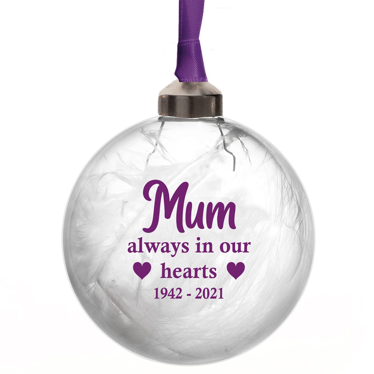 Always In Our Hearts Personalised Christmas Tree Memorial Decoration 8cm Glass Remembrance Bauble remember Any Name Mum Dad Nana Grandma Grandad Husband Wife In 11 Colours (Purple)
