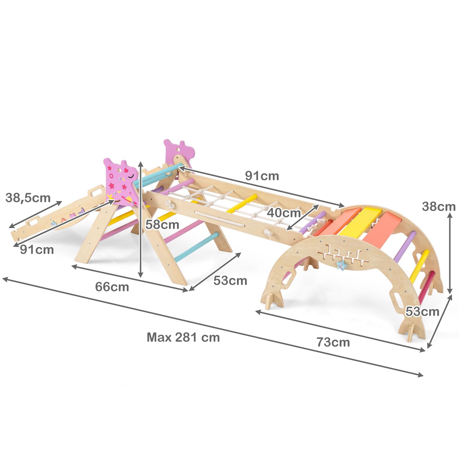 HOMASIS 4 en 1 Triangle à Grimper Montessori, Cadre d'escalade avec Arche, Rampe, Corde & Échelle, Aire de Jeux Éducative pour Enfants 3 Ans+ (Licorne, Couleur)