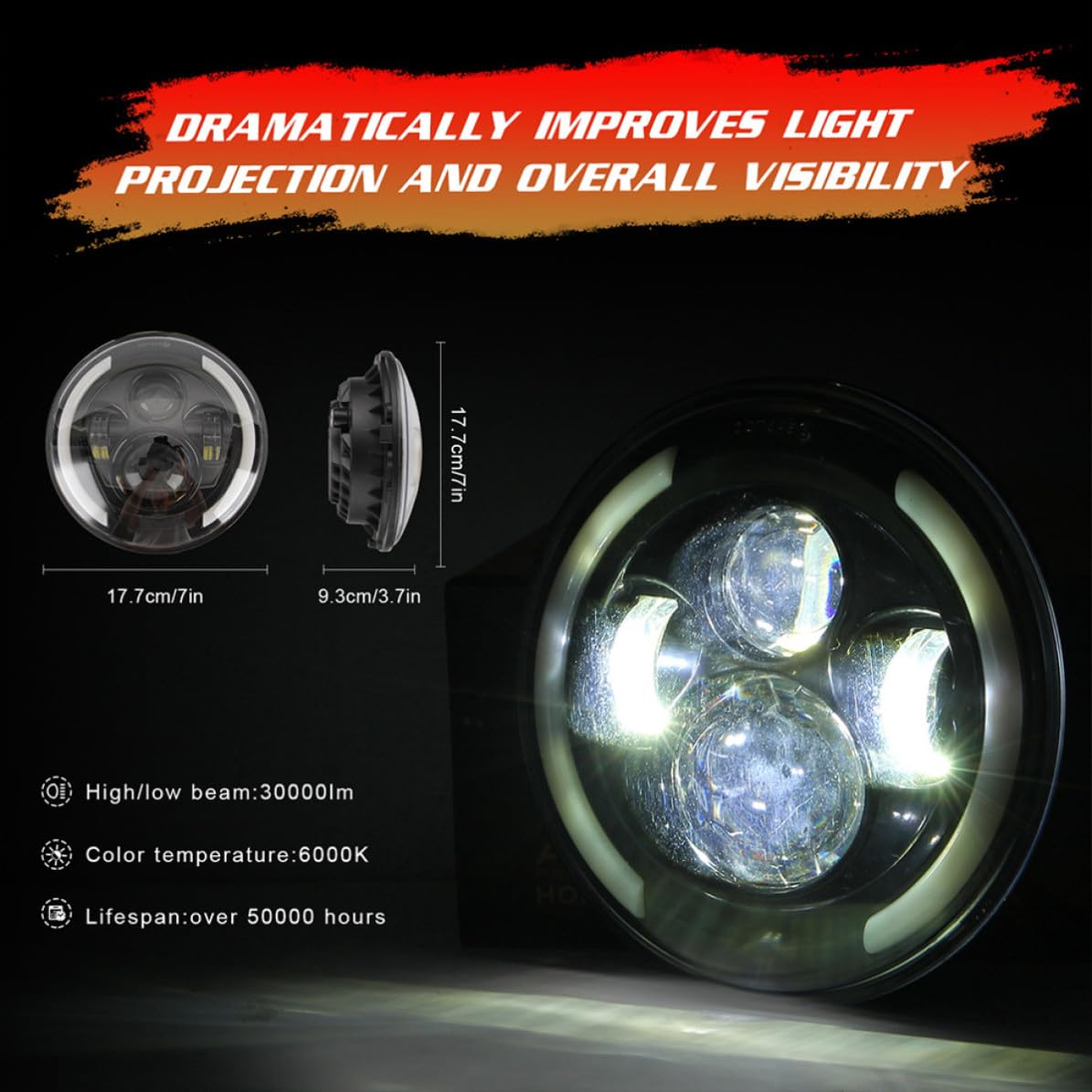 VANZACK Faro de Motocicleta Redondo LED de 7 Pulgadas 200 W Negro