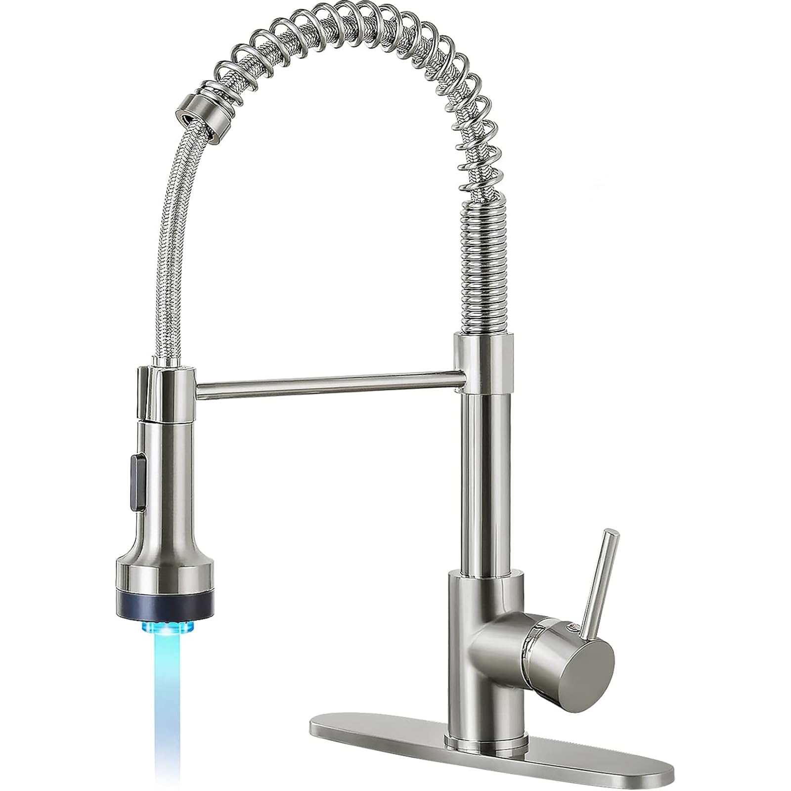 DJS Kitchen Faucets with Pull Down Sprayer Brushed Nickel LED Light Single Handle 1 or 3 Holes Spring Kitchen Sink Faucet with Deck Plate for Farmhouse RV Vessel Basin