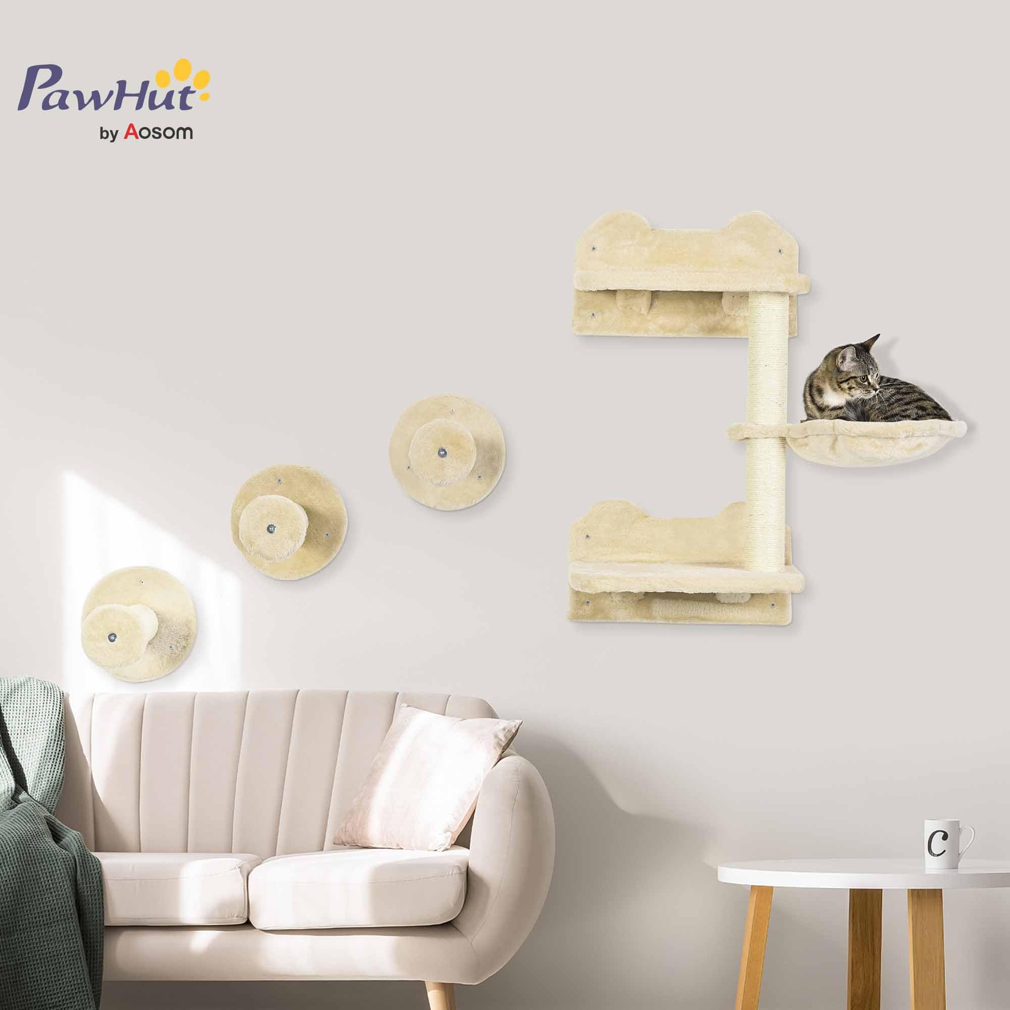 PawHut Kletterwand Katzen 4-teilig Set, bis zu 5 kg Beige+Cremeweiß | Katzen Kletterwand Set, mit Sprungturm, 3 Kratzbäume, Kratzbaum mit Hängematte, Wandkratzbaum, Wand Katzenmöbel Kletterpark
