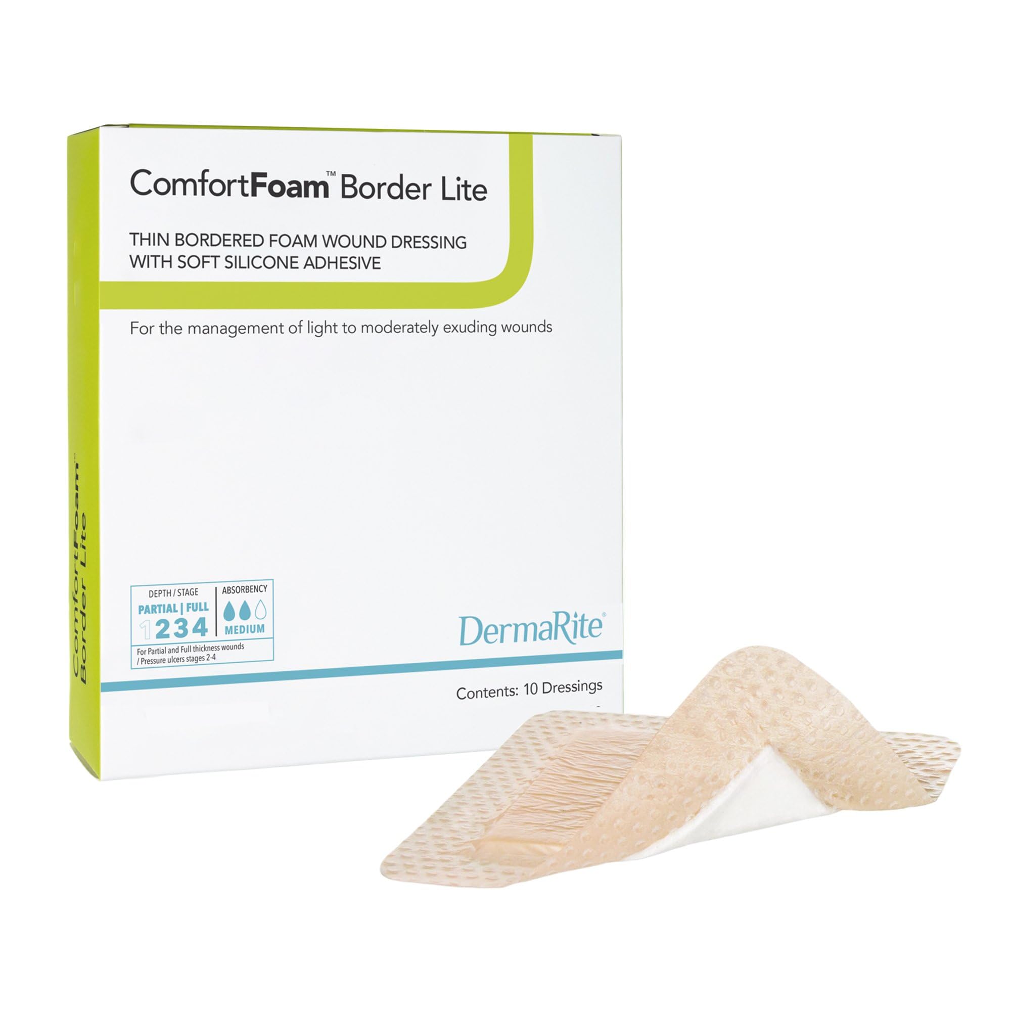 DermaRite's ComfortFoam Border Lite, Thin Foam Wound Dressing - Flexible Soft Silicone, Self Adhesive, No Natural Rubber Latex - 2 in. x 2 in., 1 Count, 10 Packs, 10 Total