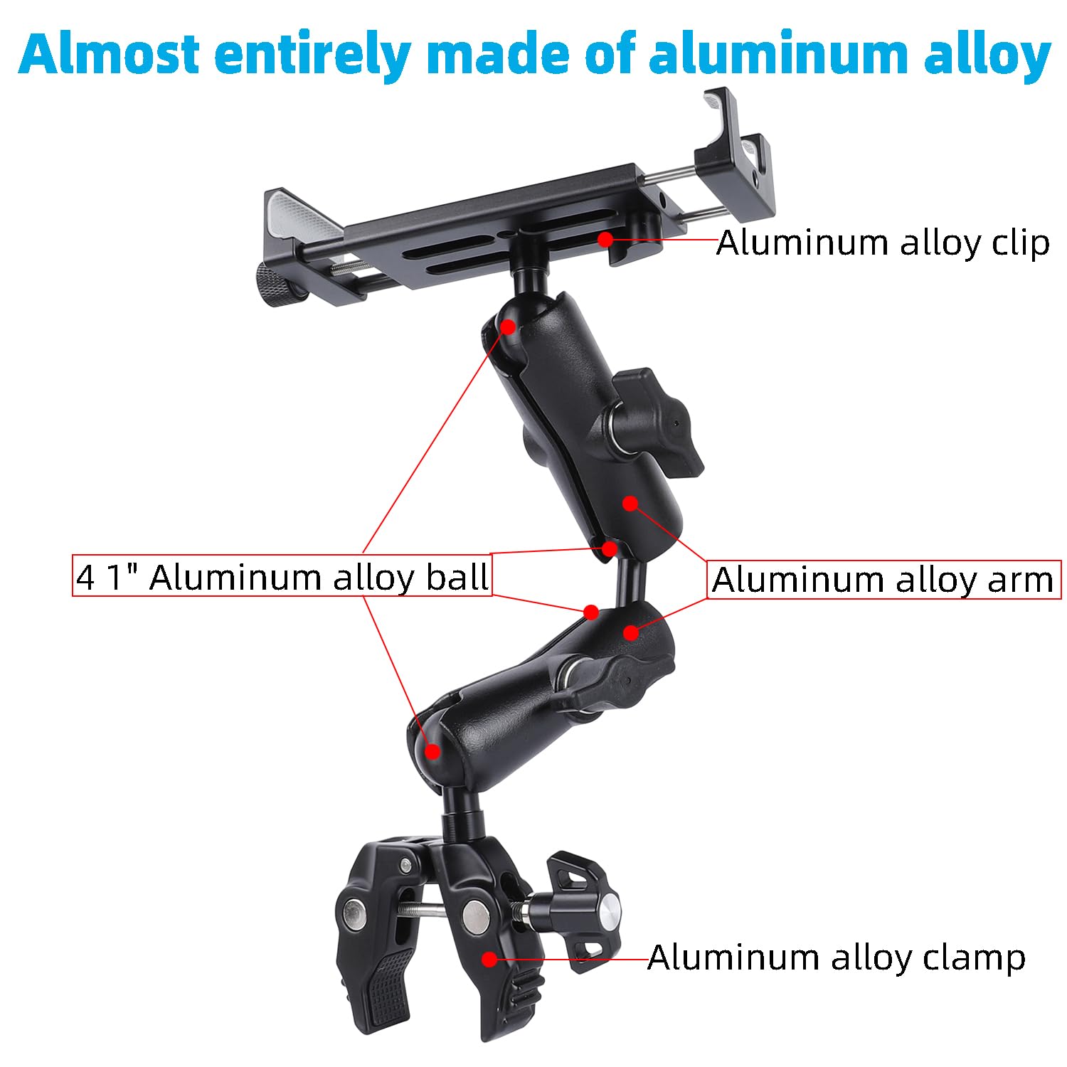 Soporte de aluminio de doble brazo para tablet con súper abrazadera para rieles de 0.5 a 2 pulgadas de diámetro, soporte lateral para tablet para soporte de micrófono, compatible con iPad Pro 12.9 Air