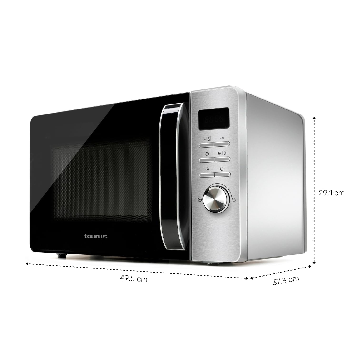 Taurus Fastwave 23 Digital - Micro-ondes 800W, 23L, Fonction grill 900W, Mode ECO, Décongélation, Multicook, QuickStart, Programmable, Auto-clean, Revêtement Shiny&Clean, 99min, Inox