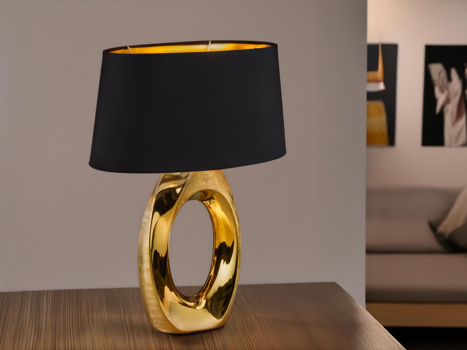 meineWunschleuchte Grande lampada da tavolo con paralume ovale in tessuto, colore nero/oro, altezza 52 cm