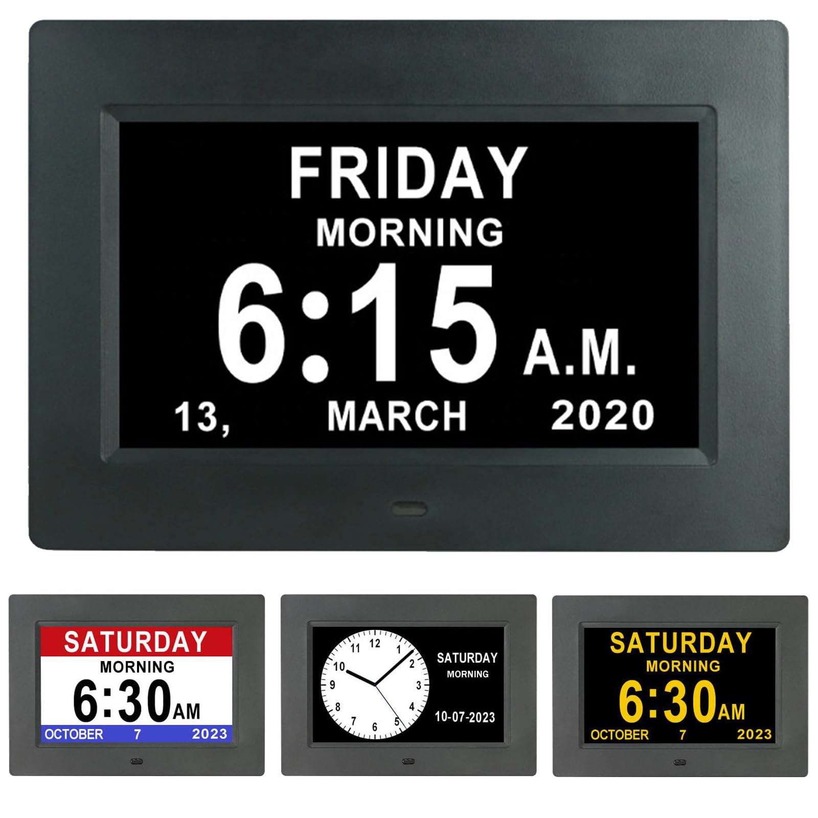 VHV 7 pulgadas LCD reloj digital calendario con fecha día y hora reloj no abetado auto atenuación 8 idiomas HD pantalla recordatorio para Alzheimer ancianos y niños (Negro)