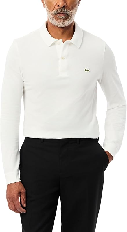 Lacoste Polo clásico de manga larga para hombre, corte ajustado, piqué