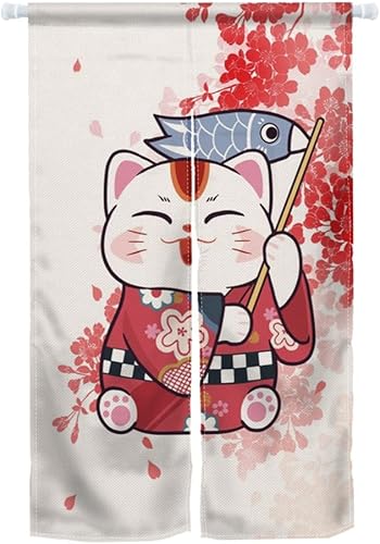 ChloropLastid Tapiz de puerta de estilo japonés japonés Sakura Noren, gato de la suerte, color rojo, estilo chino, para entrada, Feng Shui, cortina