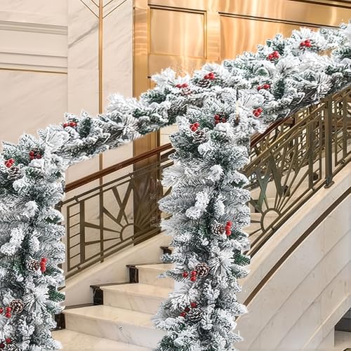 Christmas Flocked Pine Garland with Red Berries, Pinecones, 6 Feet,