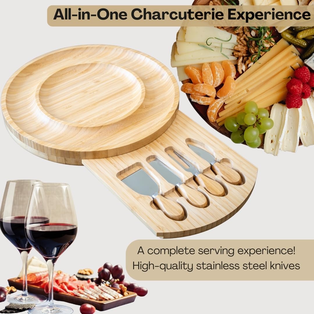Plateau à fromage rond et planche à charcuterie - Plateau à fromage rond en bambou - Planches à fromage pour charcuterie - Coffret cadeau - Planche à fromage en bois avec couteaux - Plateau à fromage