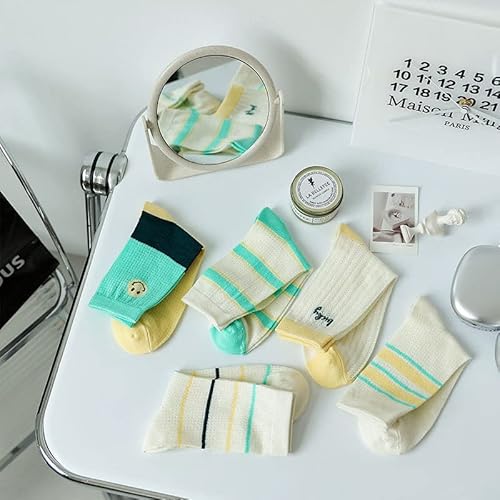 Xoopit 5 Pairs Women Summer Aesthetic Stripe Mesh Short Socks, Thin Breathable Kawaii Grunge Elastic Ankle Crew Socks (Green) #TOP1