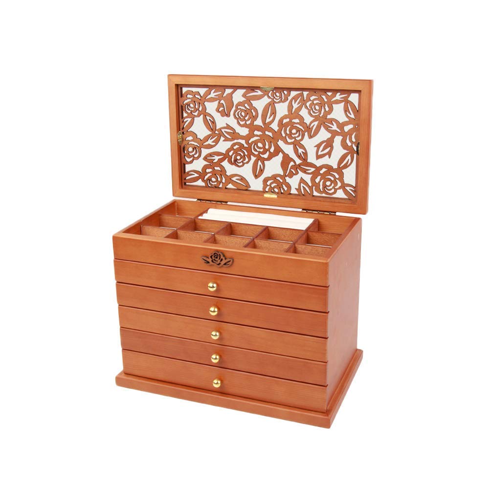 XBTGS Luxuriöse Holz-Schmuckschatulle für Uhren, Ringe, Armbänder, Halsketten, Manschettenknöpfe, Schmuckschrank mit 6 Ebenen, 5 Schubladen, Unisex-Geschenk-Box, groß, transparent, Showca,