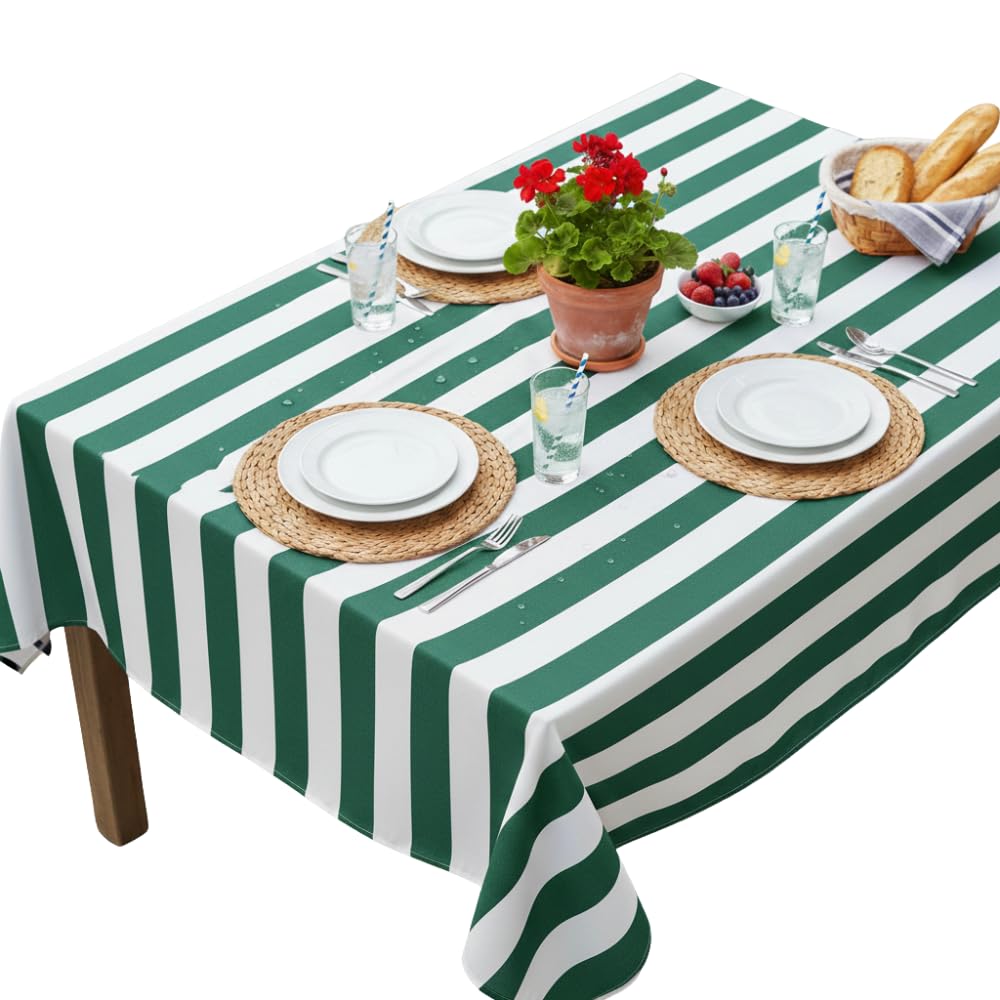 Jolee Tablecloths Green/White Stripe Jolee Water Repellent Outdoor/Indoor Tablecloth, Rectangular, And 144 Cm X 150 Cm