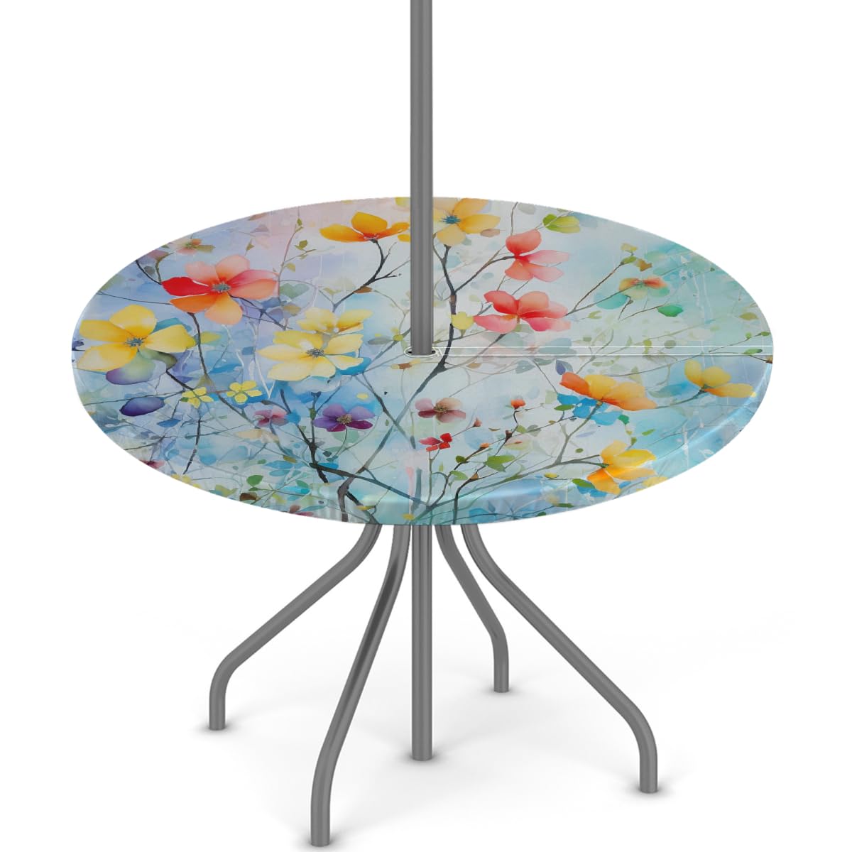 Mexpekil Round Outdoor Tablecloth with Umbrella Hole, Watercolor Floral Painting Wipeable Waterproof Elastic Edge Fitted Table Cover for Patio Garden Picnic, Fit for 36"-44" Round Tables