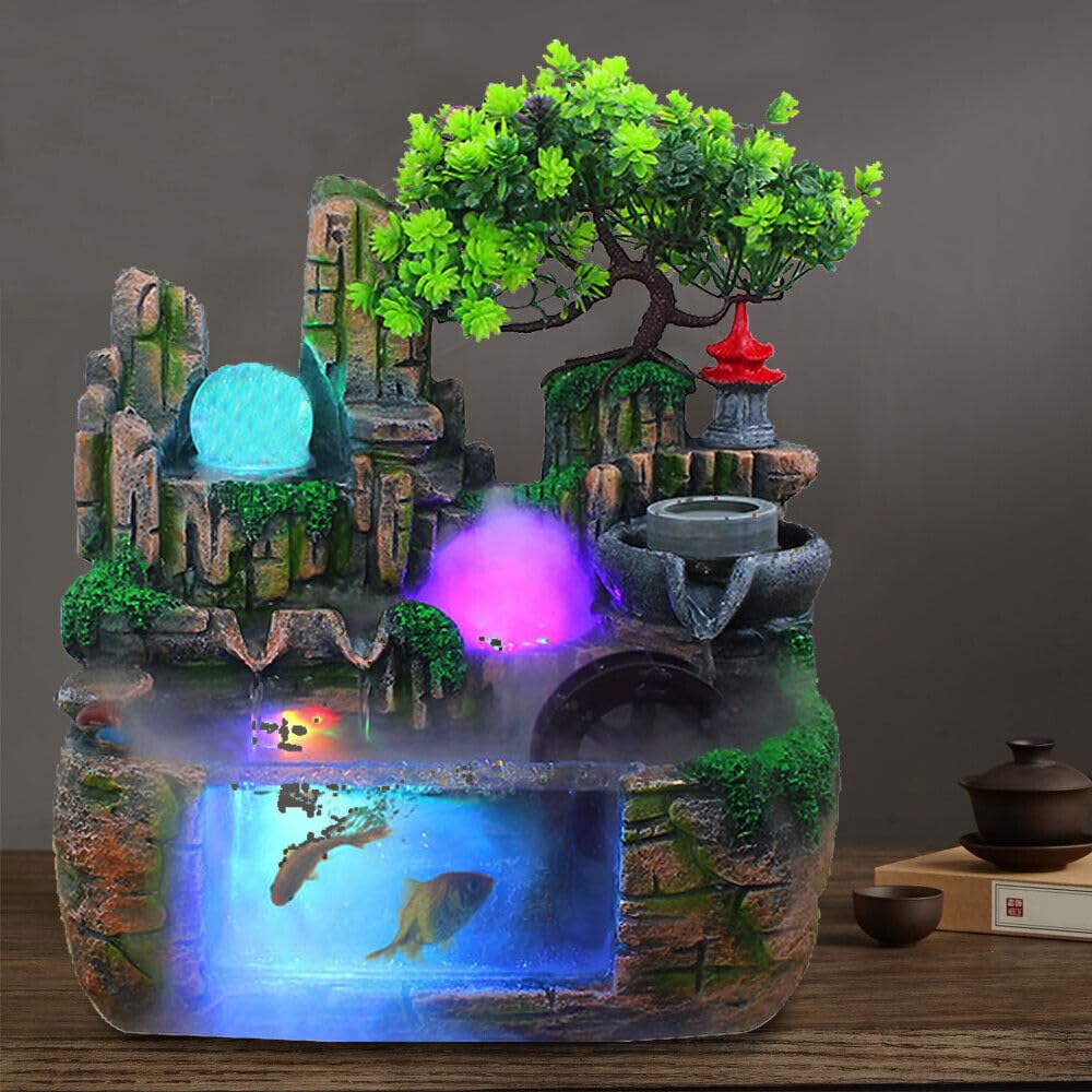 Fuente de la habitación Fuente de mesa agua característica Springfontein con luces zerstäubung LED mesa sala agua fuente escritorio cascada verde planta decoración mesa