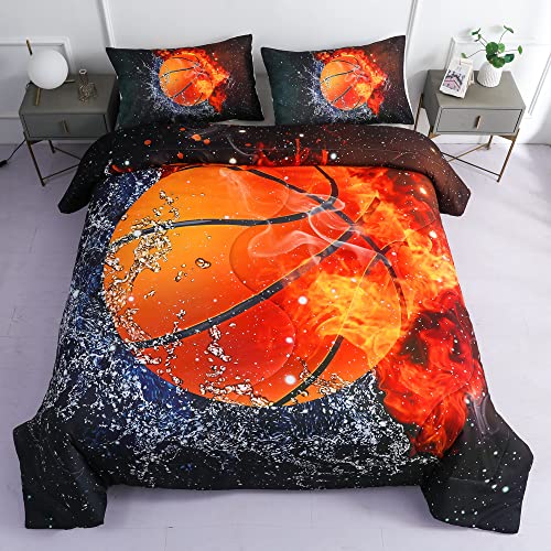 Roscloud Sports Basketball Comforter Sets Queen Full Size Bed Set- 3Pc Ice Flame Galaxy Basketball Boys Quilt Bedspread Bedding Set（Comforter X 1 Pillowcases X 2） #TOP8