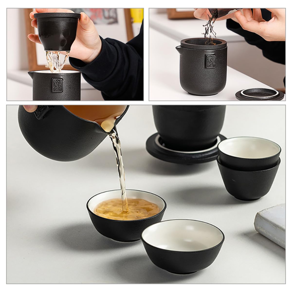 VANZACK Juego de Taza de Té de Cerámica Portátil Diseño Elegante y Fácil de Agarrar con Tetera y Bolsa para Viaje Adecuado para Uso en Casa Aire Libre