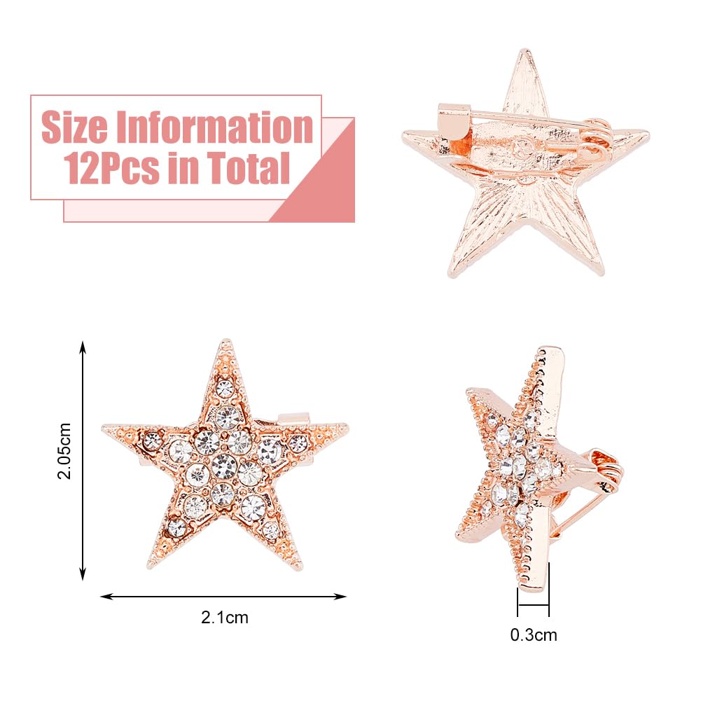 SUPERFINDINGS 12PCS Star Brooch Pin Alloy Pentagram Brooches Rose Gold Rhinestone Badge Metal Brooch Pins for Dress Sweater Scarf Berets Bag Decorations
