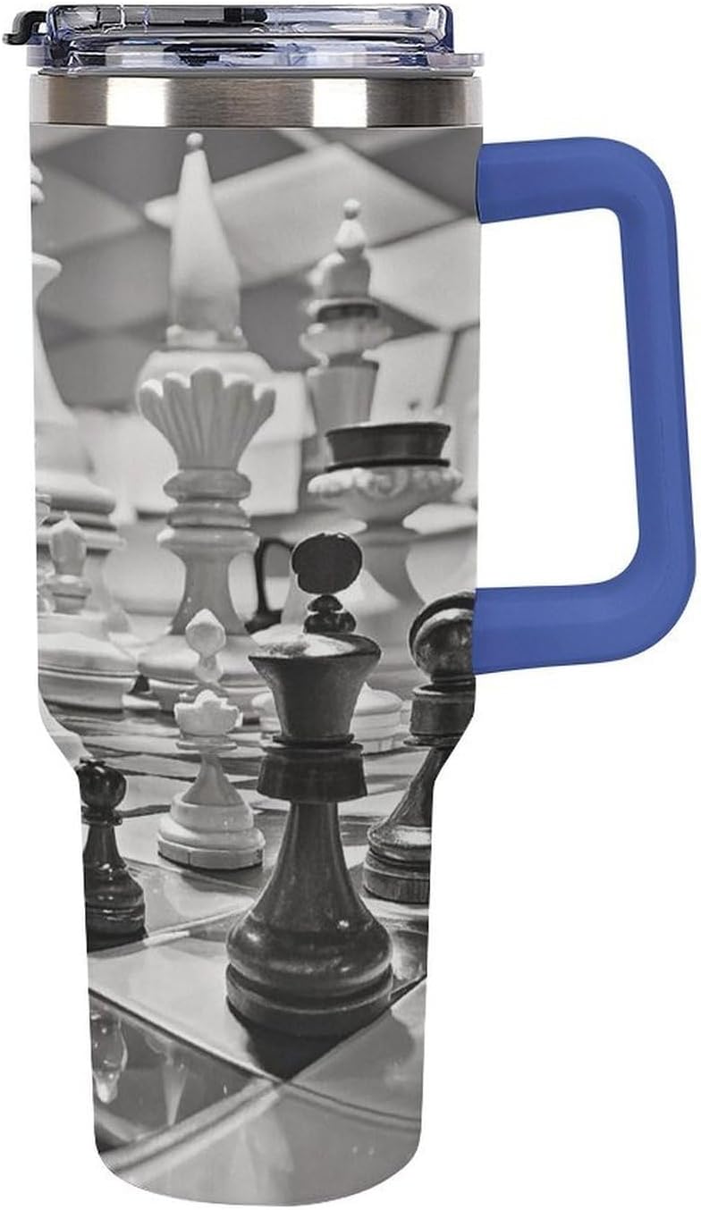 Black And White Chess Tumbler 40 Oz with Handle&Lid Large Car Cup Stainless Steel Vacuum Travel Mug Insulated Water Bottle Leak-proof Portable Coffee Cup for Home Car Outdoor