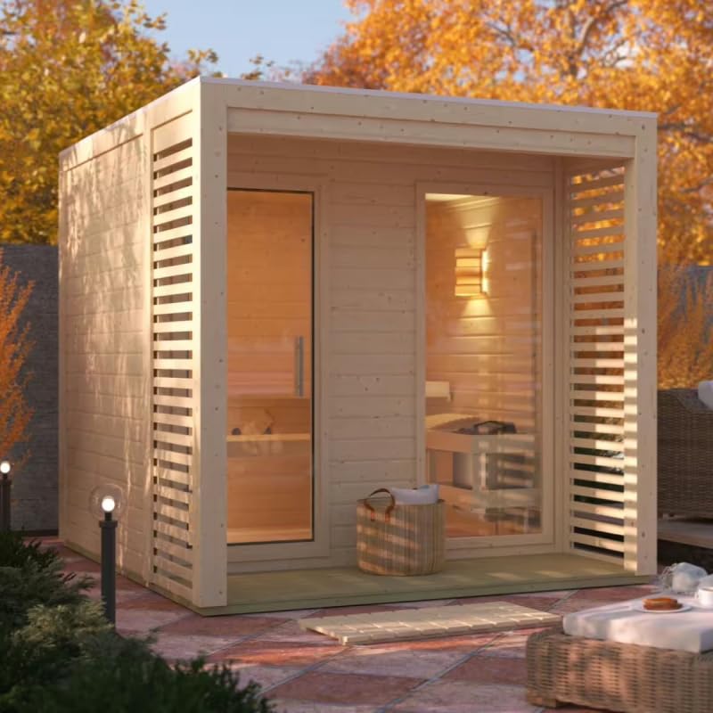 Karibu Sauna Extérieur Tonneau Angkor 2 | 4-6 Places, Bois Épicéa Nordique 38mm, Poêle 9kW...