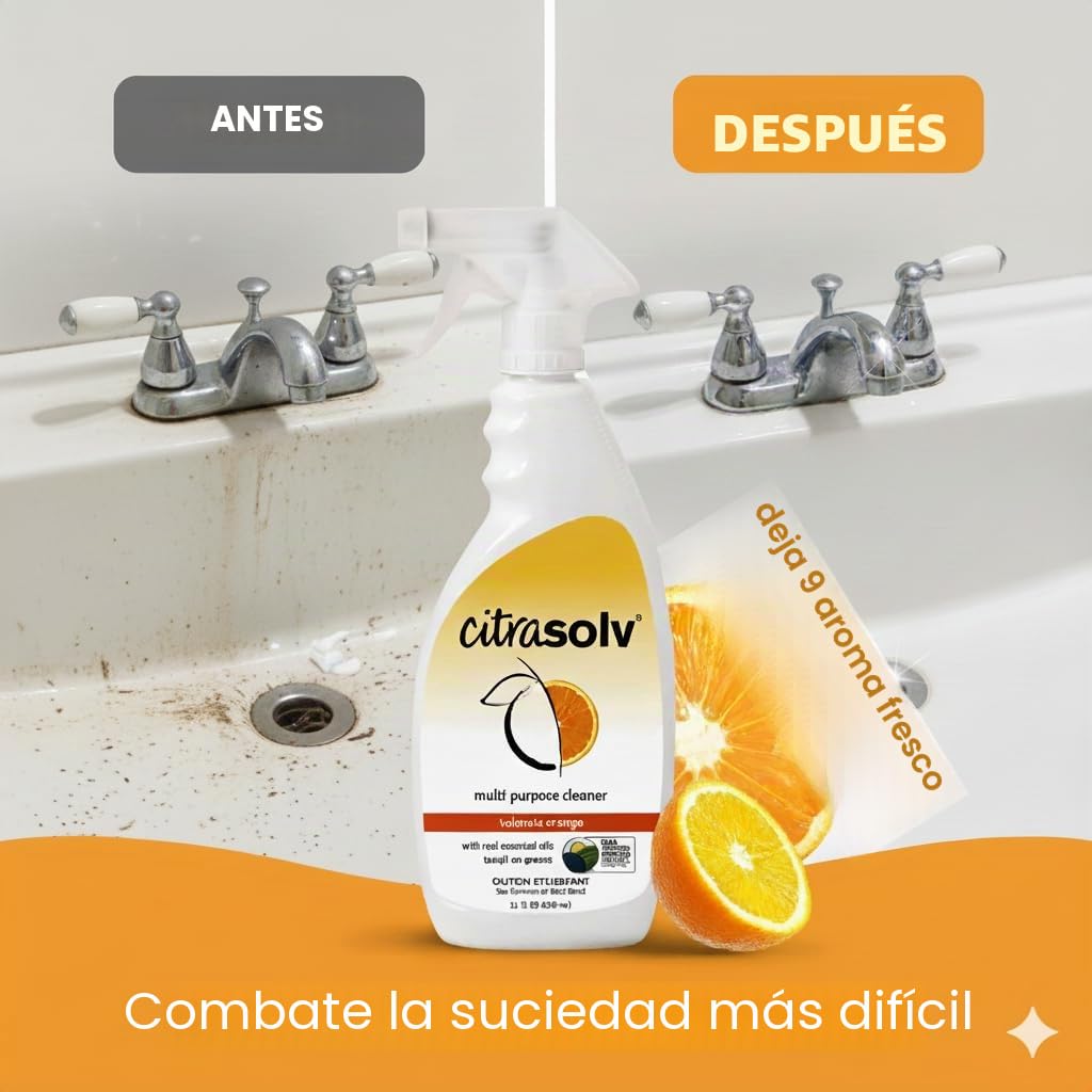 Citra Solv Spray de limpieza multiusos, potente desengrasante cítrico para cocina y baño, limpiador multisuperficie, sin productos químicos agresivos, naranja Valencia, 22 onzas