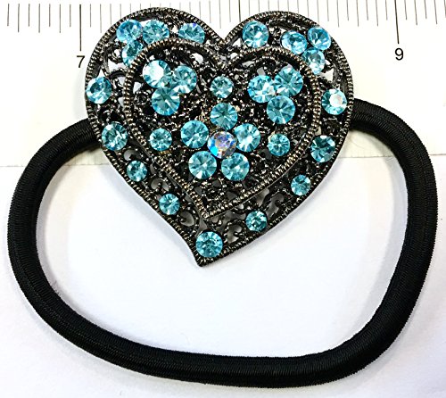 Rhinestone Heart Design Hair Ponytail Holder Turquoise Color Crystal (PT-068)