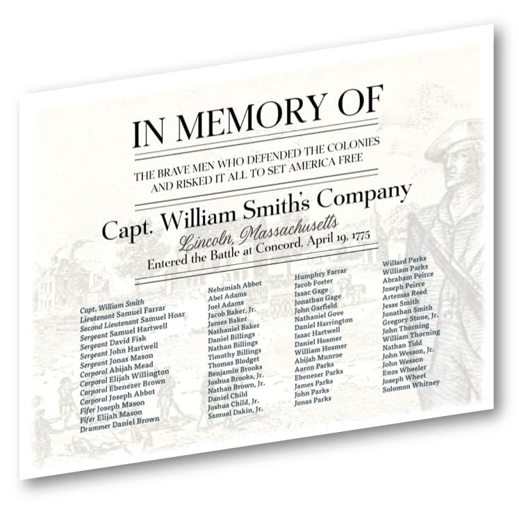GenericIn Memory of Capt. William Smith's Company of Lincoln, Massachusetts Militia/Minuteman Responding to the Patriots Day Alarm April 19, 1775 Muster Roll Certificate 8.5" x 11"
