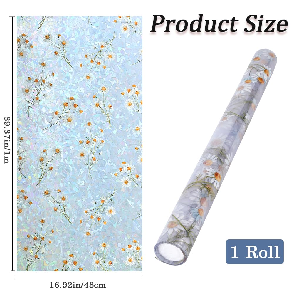 GORGECRAFT 39.4x16.9 Inch Rainbow Window Privacy Film Sun Blocking UV Proof Static Cling 3D Little Daisy Non-Adhesive Stained Window Decals Prism Decorative Static Sticker Coverings for Room Home