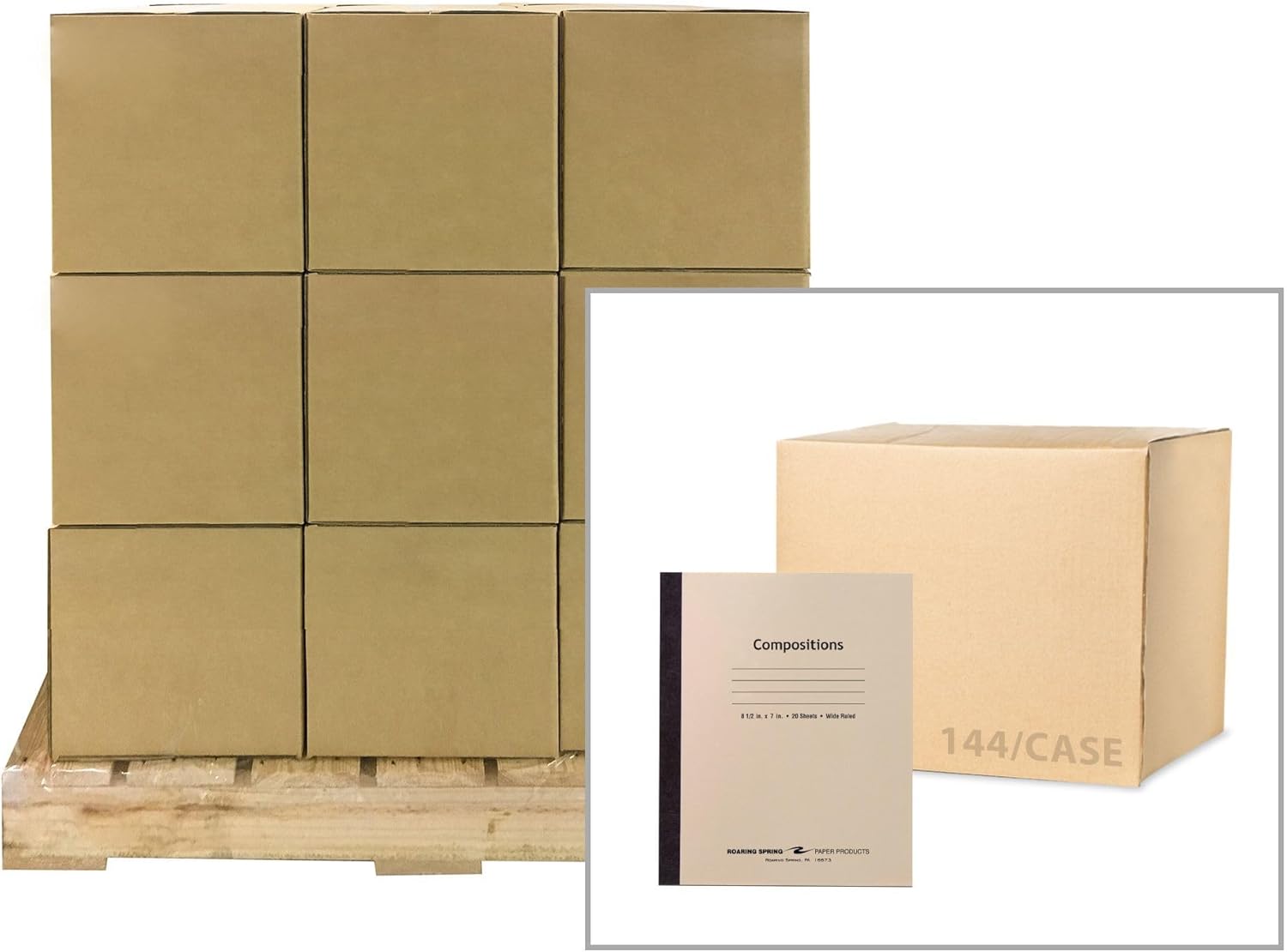 Pallet of 24 cases (6912 total) Composition Books, 20 sheets of 15# Smooth White Paper, 8.5"x7", Flexible Manila Cover, Wide Ruled