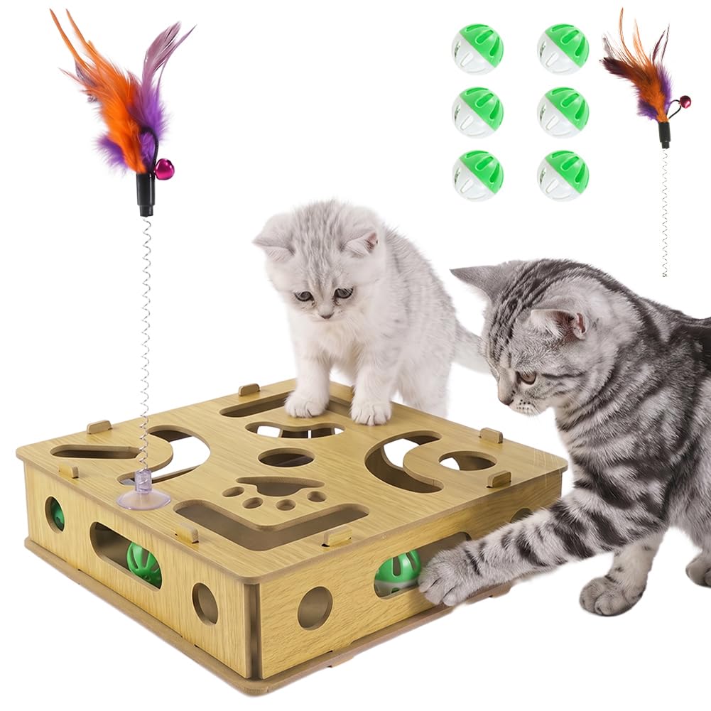 AOOTE Cat Nail File Enrichment Box, Cat Nail File Scratcher Box with Pet Teaser Wand & 6 Bell Balls, Wood Cats Nails Files Boxes, Interactive Cats Nails Files Toy for Indoor Scratching