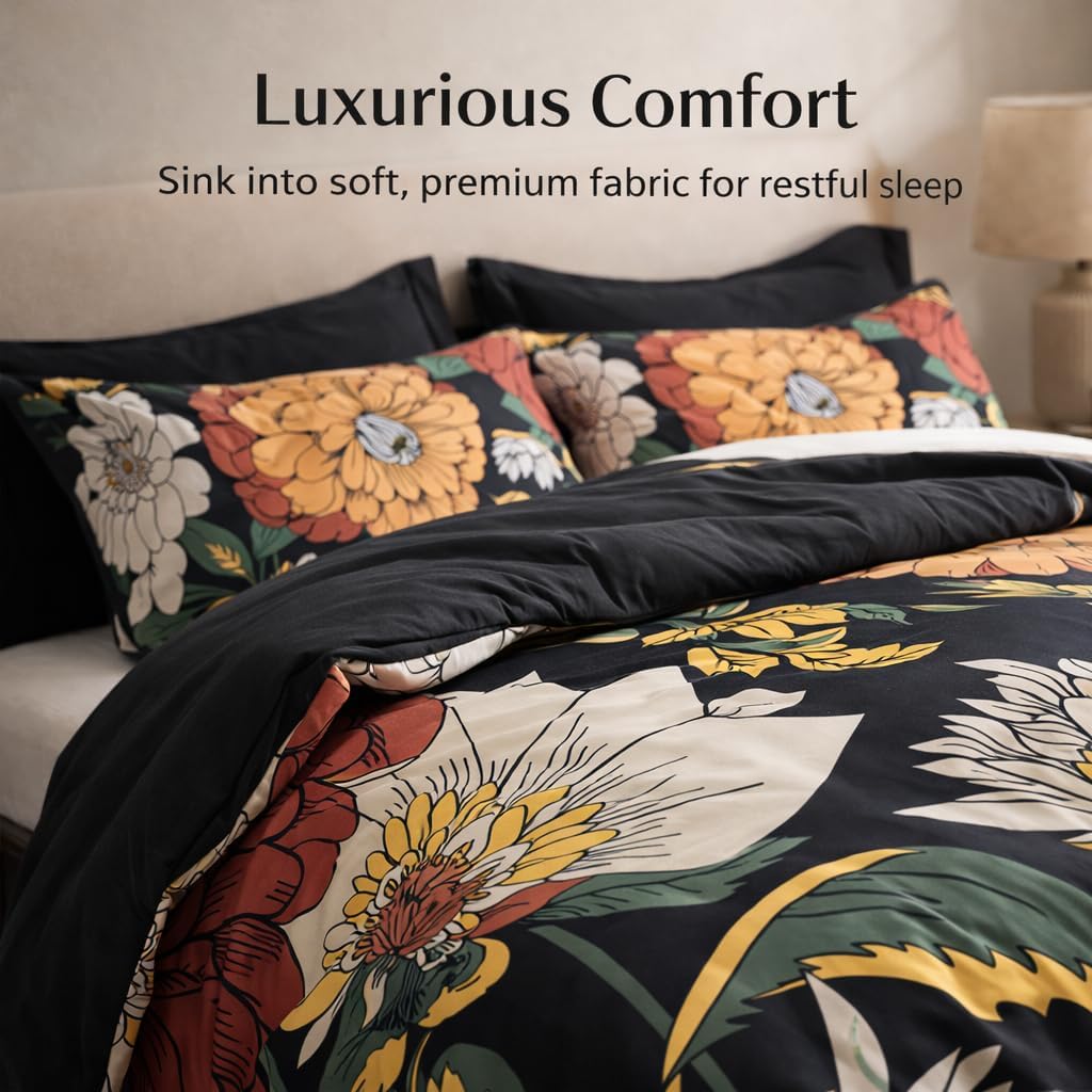 Tyrot Black Boho Floral King Comforter Set - 3 Piece Farmhouse Botanical Bedding Comforter Sets for All Season Soft Lightweight Mid Century Bed Set, (1 Reversible Comforter and 2 Pillow Shams