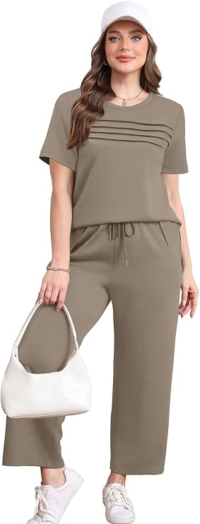 WIHOLL Two Piece Sets for Women Summer Spring Travel Vacation Outfits Short Slee image