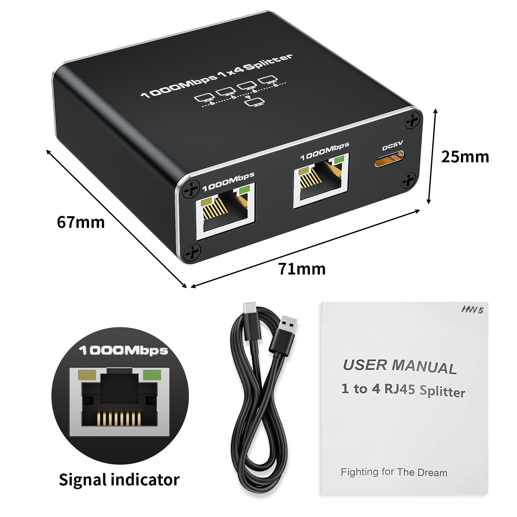 Splitter Ethernet da 1 a 4 ad alta velocità 1000 Mbps, adattatore splitter BolAAzuL Gigabit RJ45 1 in 4 uscite femmina, cavo LAN/Internet Cat 8/7/6/5/5e, splitter di rete 1x4, Plug & Play, con cavo di