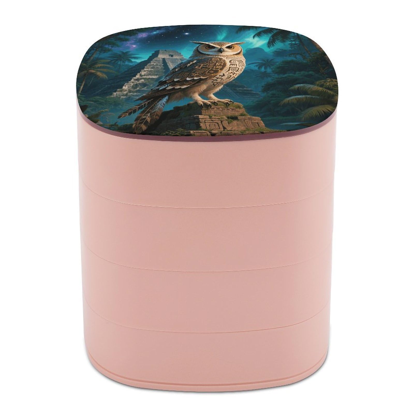 VstaDank Maya Owl Jewelry Case Women Portable Travel Jewelry Box Rotating Jewelry Organizer with Mirror Multi-Layer Necklace Ring Earring Storage Box for Bracelets Rings