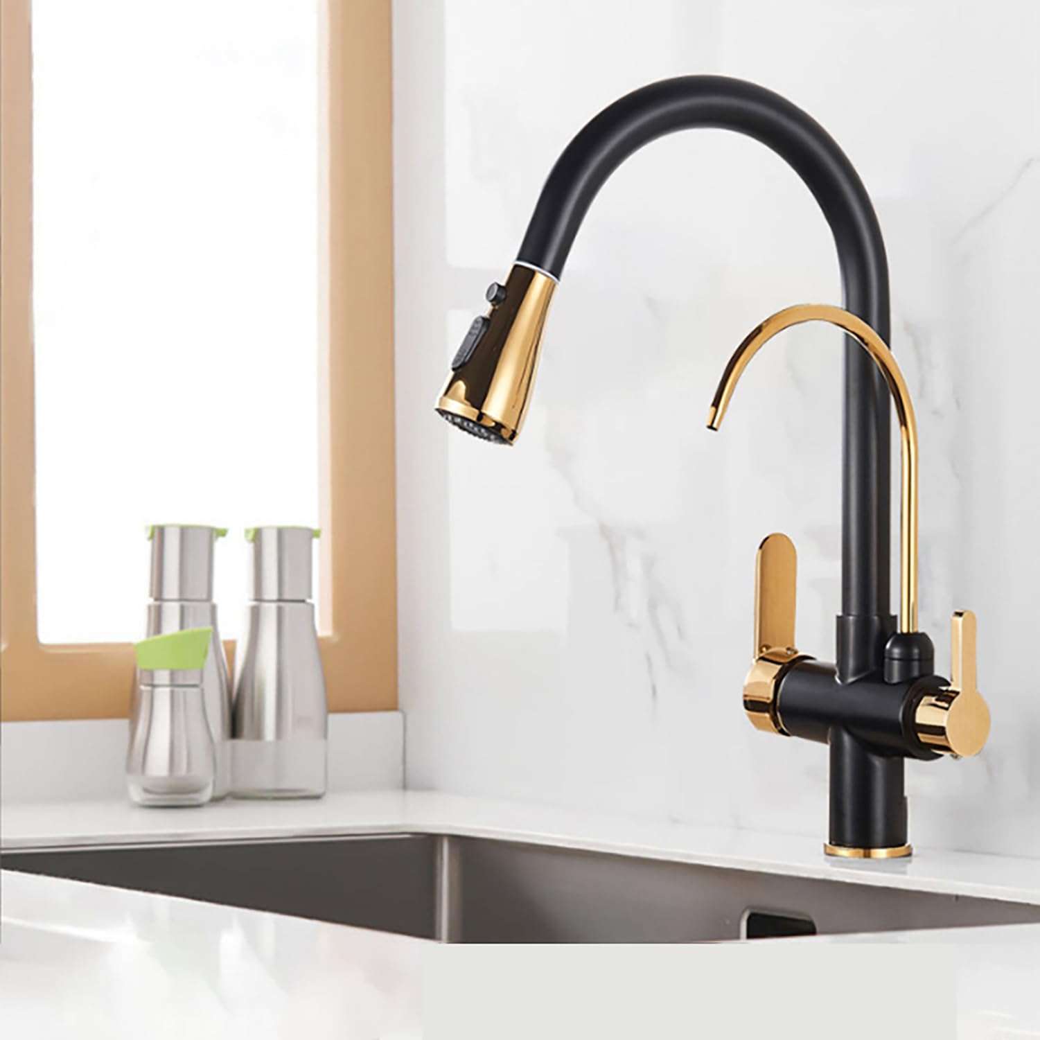 MXXQRHF High Arc Kitchen Faucet with PullOut Sprayer Dual Handle Water Filter for Clean Tap Water Stylish Sink Tap for Modern Kitchens