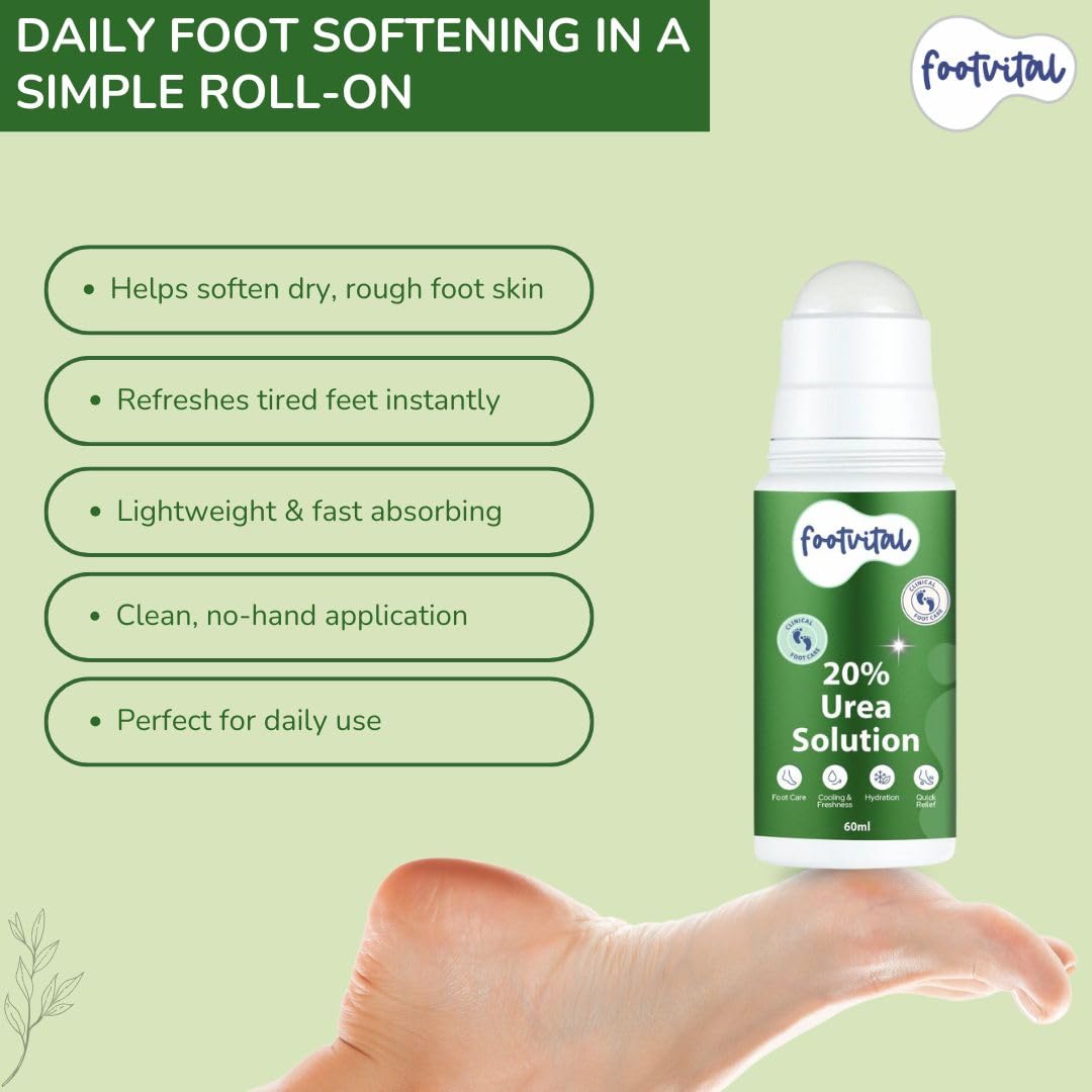 Footvital 20% Urea Foot Roll-On 60ml | intensive care for dry & cracked heels | cooling & deep moisturising formula with Lactic Acid & Wheat Germ Oil | daily foot care for men & women 1