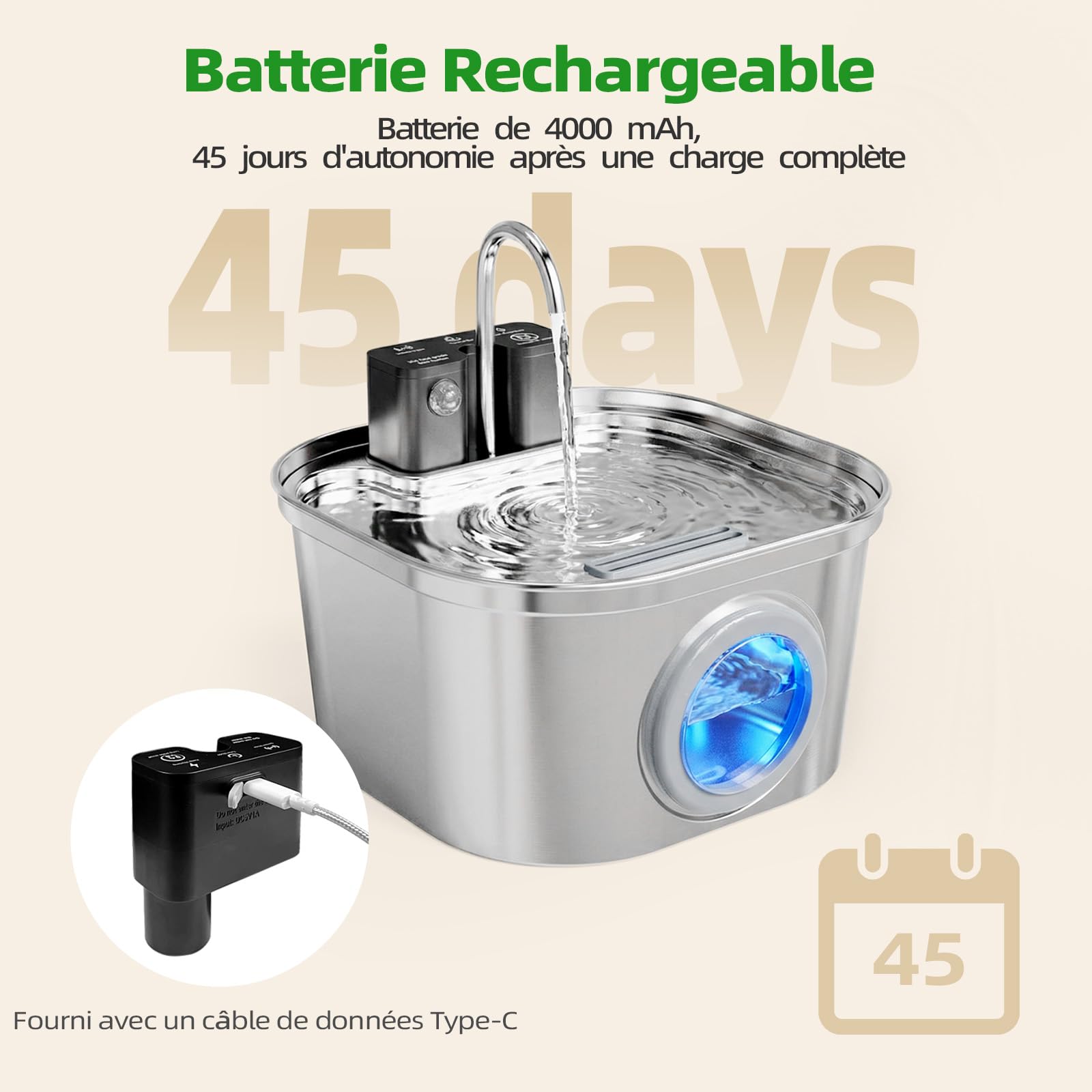 Fontaine à Eau pour Chat Universelle sans Fil en Acier Inoxydable pour Chats et Chiens: Fontaine à Boire Automatique 3,2L avec Détecteur de Mouvement | Batterie 4200mAh, Pompe à Eau Ultra-Silencieuse