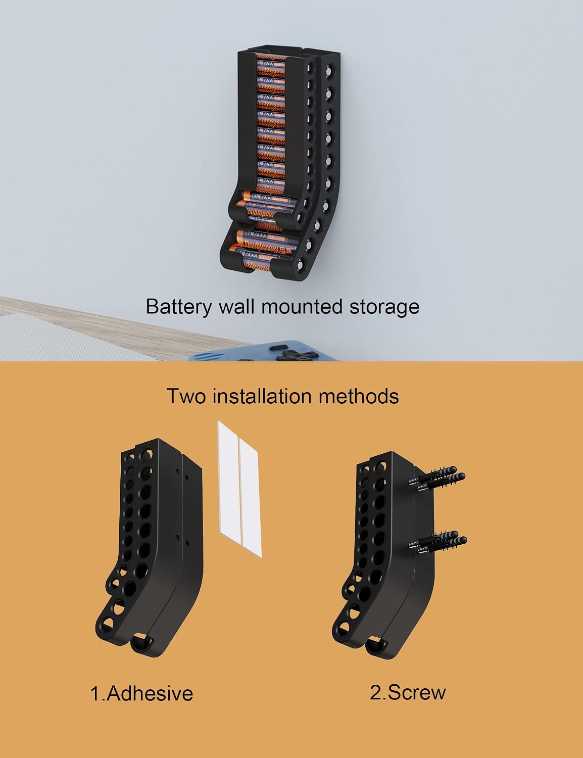 Battery Holder Storage Organizer AA & AAA Battery Caddy Wall Mount Battery Container Fit for 10 AAA & 10 AA Batteries Batteries Storage (Case Not Includes Batteries) (Black)